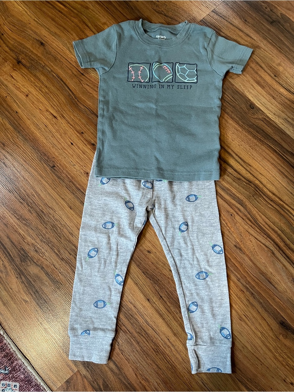3/$10 Carter's Green Top with Gray Football-Print Pajama Set
